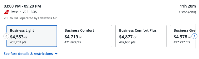 Vuelo de Venecia a Boston en Business Class por 455,263 puntos por persona a través de Chase Travel