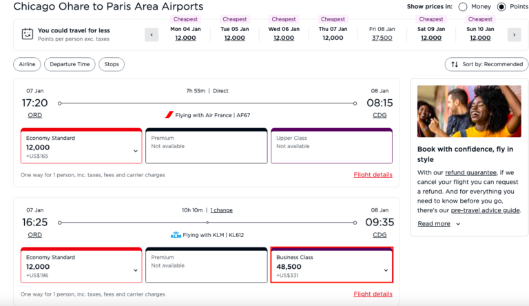 Resultado de búsqueda en Virgin Atlantic mostrando disponibilidad de vuelo business class desde Chicago (ORD) a París (CDG) por 48,500 puntos + impuestos.