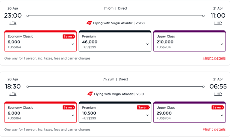 Captura de pantalla mostrando vuelos Saver Award de Virgin Atlantic entre Nueva York y Londres, comparando precios de business class por 29,000 vs 210,000 puntos dependiendo del horario del vuelo.