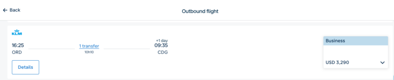 Resultado de búsqueda mostrando vuelo business class de KLM desde Chicago (ORD) a París (CDG) con una escala y precio en efectivo de $3,290 USD.