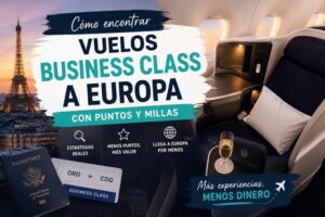 Imagen de encontrar vuelos business class a Europa con puntos y millas mostrando cabina premium de avión, París y estrategias para viajar con menos puntos.