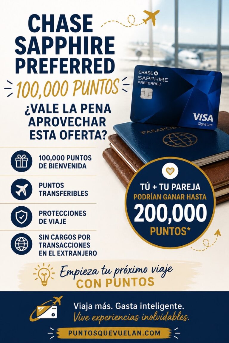 Infografía sobre la oferta de 100,000 puntos de la Chase Sapphire Preferred con sus principales beneficios y cómo aprovechar el bono de bienvenida.