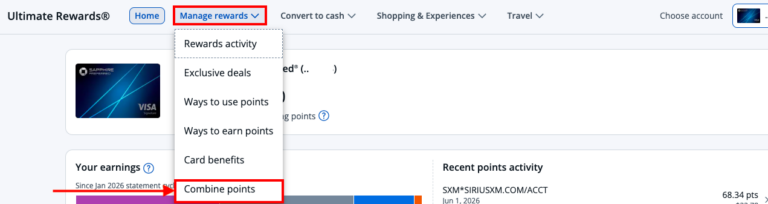 Pantalla del portal Chase Ultimate Rewards mostrando la opción “Combine points” dentro del menú “Manage rewards” para combinar puntos Chase entre cuentas.