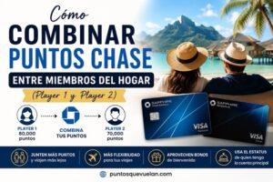 Cómo combinar puntos Chase entre miembros del hogar usando la estrategia Player 1 y Player 2. Imagen que muestra cómo una pareja puede reunir puntos Chase Ultimate Rewards, aprovechar bonos de bienvenida y transferir puntos para reservar viajes, hoteles y vuelos con puntos.