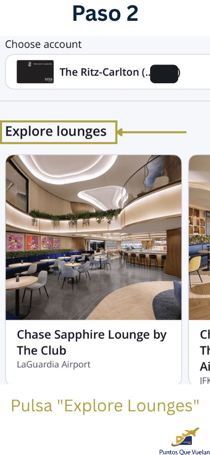 Paso 2: seleccionar Explore Lounges en la app de Chase.
