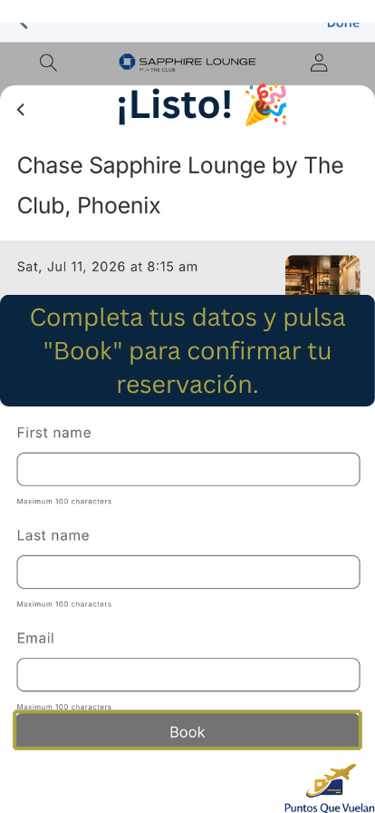 Confirmar la reservación del Chase Sapphire Lounge.