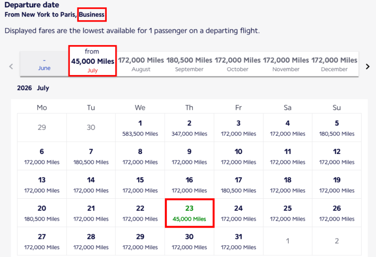 El Calendario Air France mostrando un vuelo desde Nueva York a Paris en Business class con 45,000 puntos.