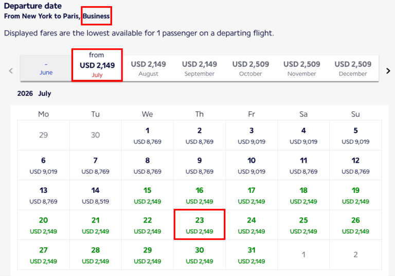 El Calendario de Air France mostrando un vuelo desde Nueva York a Paris business class $2,149 en efectivo