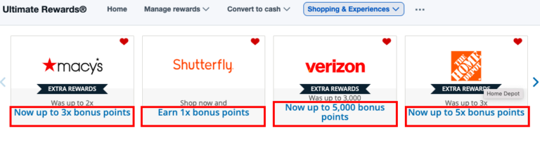 Captura de pantalla del Chase Shopping Portal que muestra comercios participantes como Macy's, Shutterfly, Verizon y Home Depot con ofertas de puntos Ultimate Rewards adicionales por compras en línea.