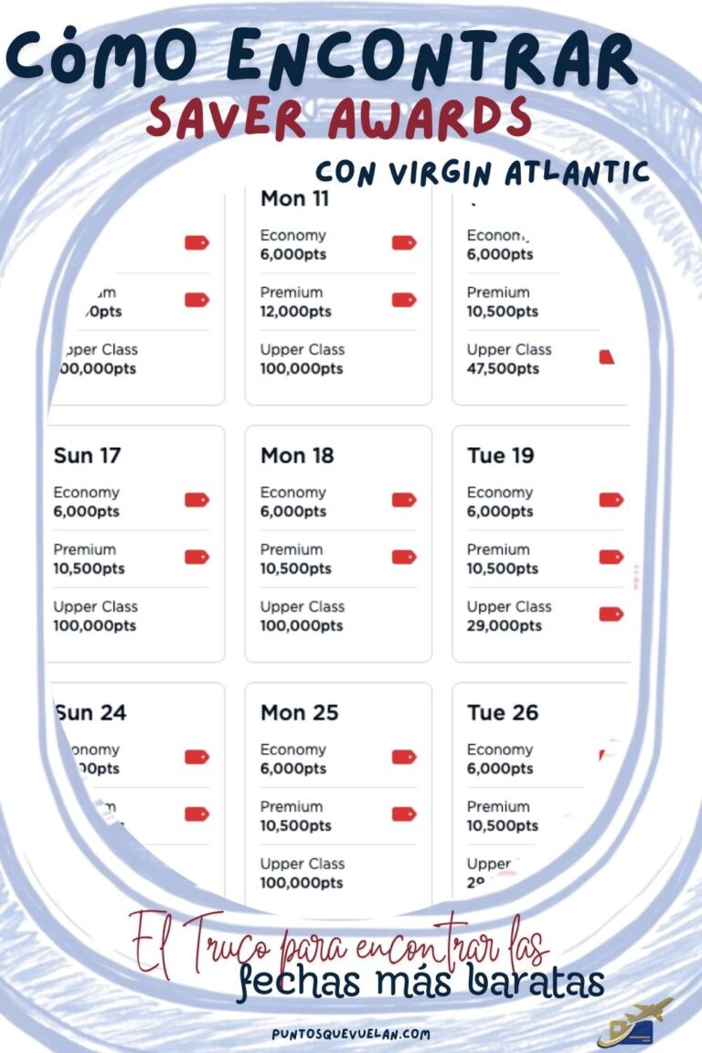 Imagen de Pinterest sobre cómo encontrar Saver Awards con Virgin Atlantic usando el calendario Reward Seat Checker para buscar las fechas más baratas