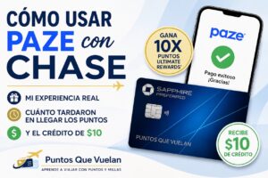 Ilustración de una tarjeta Chase Sapphire Preferred con el nombre Puntos Que Vuelan, el logo de Paze y un teléfono móvil que representa cómo usar Paze con Chase para ganar 10X puntos Ultimate Rewards y un crédito de $10.