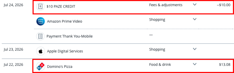 Captura de pantalla del estado de cuenta de Chase que muestra una compra de $13.08 en Domino's Pizza realizada con Paze y el crédito de $10 aplicado dos días después como "PAZE CREDIT".