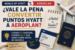 Ilustración con el texto "¿Vale la pena convertir puntos Hyatt a Aeroplan?" junto a elementos de viaje como un avión, un pasaporte y una tarjeta de embarque, utilizada para explicar cuándo conviene convertir puntos World of Hyatt a Aeroplan y cuándo es mejor conservarlos para hoteles.