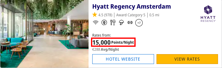 Captura de pantalla del Hyatt Regency Amsterdam mostrando una tarifa de 15,000 puntos World of Hyatt por noche, utilizada como ejemplo de lo que puedes reservar antes de convertir puntos Hyatt a Aeroplan.