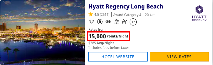Captura de pantalla del Hyatt Regency Long Beach con una tarifa desde 15,000 puntos World of Hyatt por noche, como ejemplo del valor que pueden tener los puntos Hyatt para reservar hoteles.