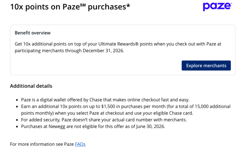 Captura de pantalla de los beneficios de la Chase Sapphire Preferred que muestra la promoción para ganar 10X puntos Ultimate Rewards adicionales al pagar con Paze en comercios participantes hasta el 31 de diciembre de 2026.