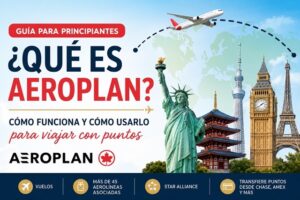 Imagen destacada de la guía "¿Qué es Aeroplan?" con un mapa del mundo, un avión y monumentos internacionales que explica cómo funciona el programa de lealtad de Air Canada para viajar con puntos usando más de 45 aerolíneas asociadas.