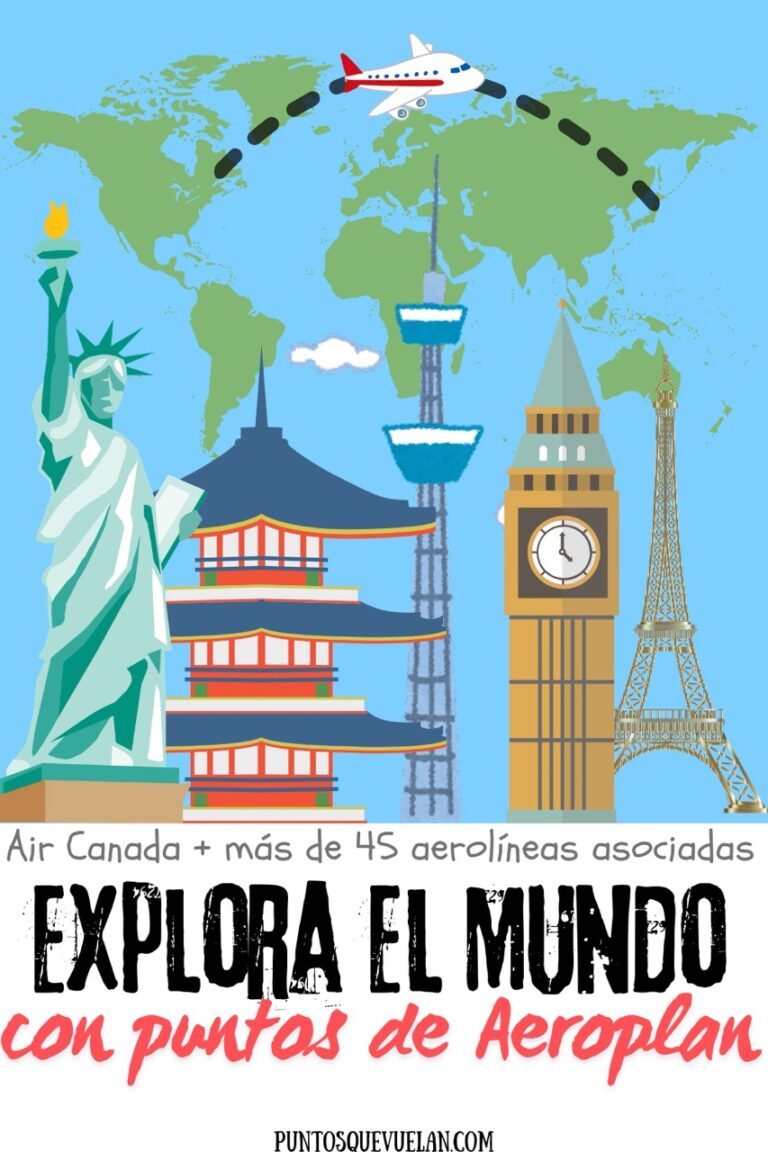 Ilustración de un mapa del mundo con un avión, rutas de vuelo y monumentos internacionales que representa cómo Aeroplan, el programa de lealtad de Air Canada, permite viajar con puntos a destinos de todo el mundo mediante más de 45 aerolíneas asociadas.