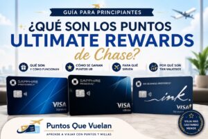 Ilustración de las tarjetas Chase Sapphire Preferred, Chase Sapphire Reserve e Ink Business Preferred con el nombre Puntos Que Vuelan, representando el programa Ultimate Rewards de Chase y cómo ganar puntos para viajar.