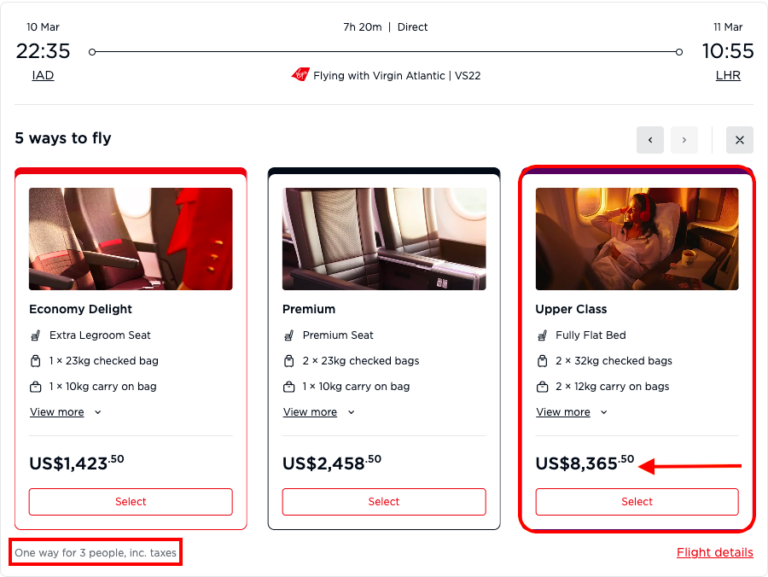 Precio en efectivo de tres boletos en Upper Class de IAD a LHR para comparar con la misma búsqueda usando puntos