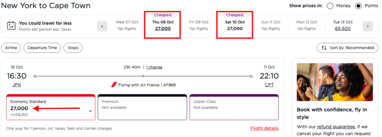Resultados de Virgin Atlantic mostrando Saver Awards de JFK a CPT el 10 de octubre y otra opción disponible el 8 de octubre