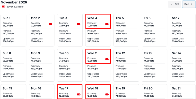 Calendario Reward Seat Checker de Virgin Atlantic mostrando fechas con Saver Awards de LHR a CPT en noviembre de 2026