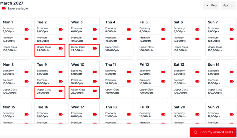 Calendario de Virgin Atlantic mostrando disponibilidad de Saver Awards de IAD a LHR