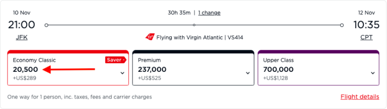 Resultados de Virgin Atlantic mostrando Saver Awards de JFK a CPT el 10 de noviembre