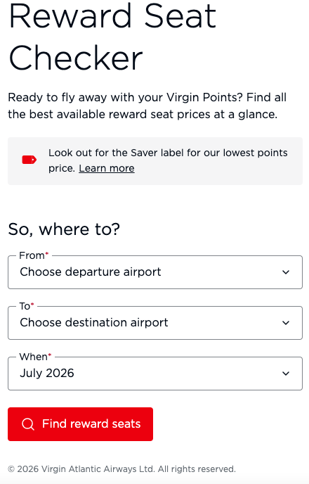 Una herramienta de Virgin Atlantic - Reward Seat Checker