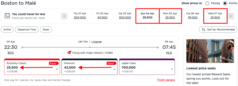 Resultados de Virgin Atlantic mostrando que BOS a MLE requiere menos puntos que IAD a MLE en Economy y Premium