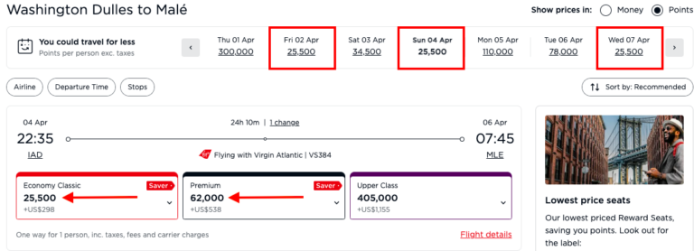 Resultados de Virgin Atlantic confirmando Saver Awards desde IAD a MLE en Economy y Premium