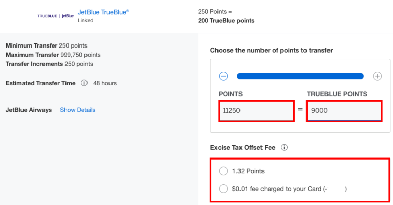 Calculadora de AMEX mostrando que 11,250 Membership Rewards equivalen a 9,000 puntos JetBlue TrueBlue