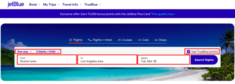 Cómo buscar vuelos de JetBlue con puntos TrueBlue seleccionando la opción Use TrueBlue points