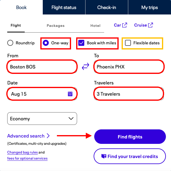 Buscador de United mostrando cómo buscar un vuelo con millas para 3 viajeros