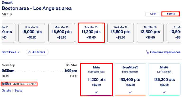 Vuelo JetBlue de Boston a Los Ángeles por 11,200 puntos TrueBlue más $5.60