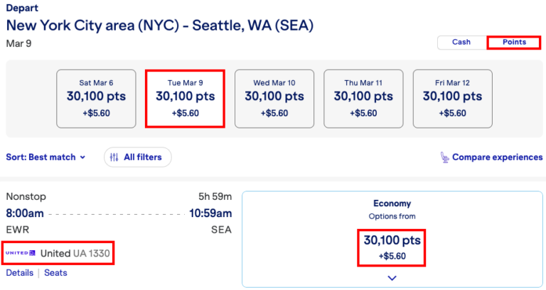 Vuelo de United de Nueva York a Seattle disponible en JetBlue por 30,100 puntos más $5.60