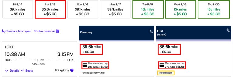 Resultados de United mostrando vuelos desde 15,000 millas y precios especiales para tarjetahabientes