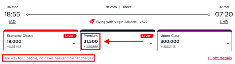 Vuelo de Virgin Atlantic en Premium Economy por 31,500 puntos para 3 personas